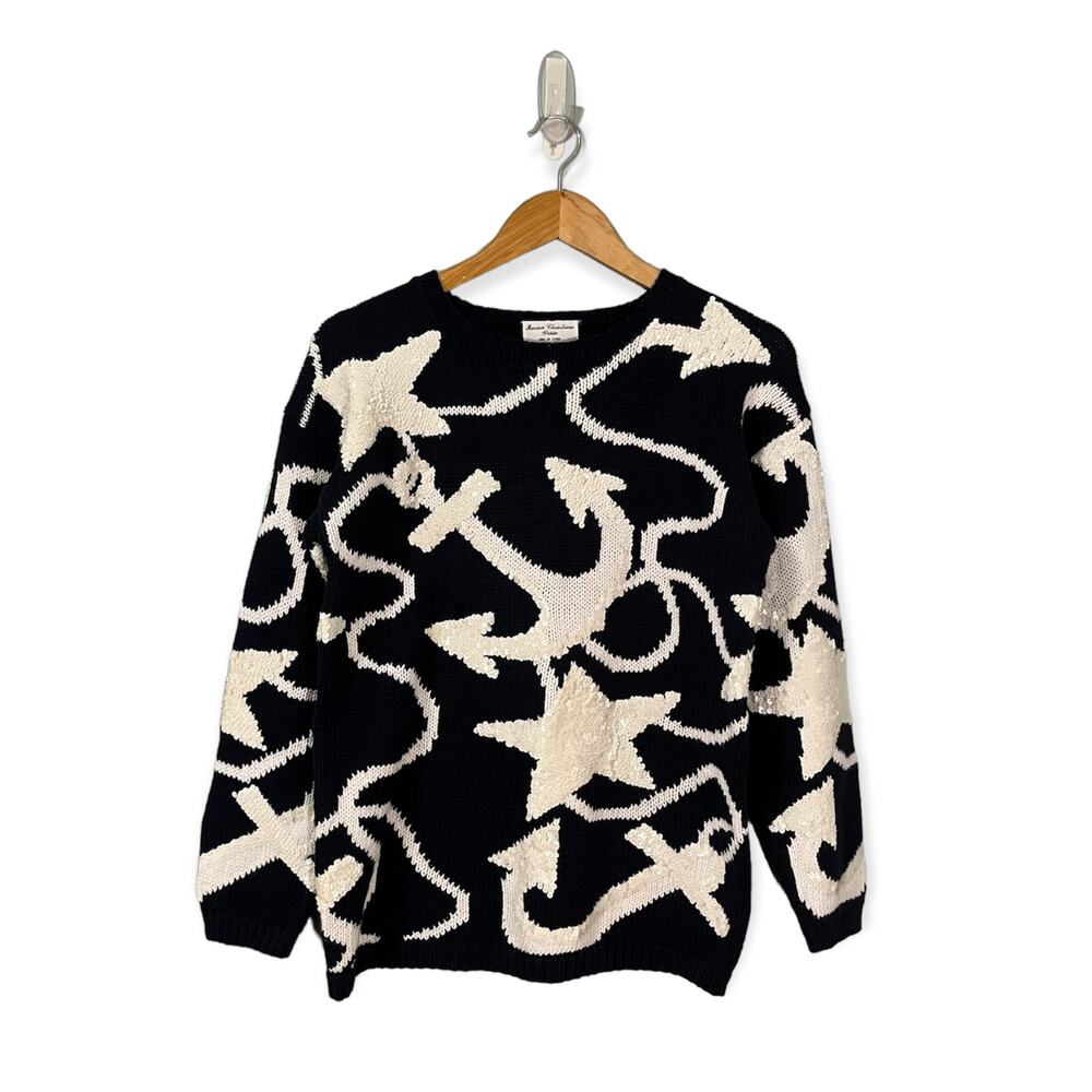 Marisa Christina Sweater Small Medium Nautical Anchor Sequin Navy White